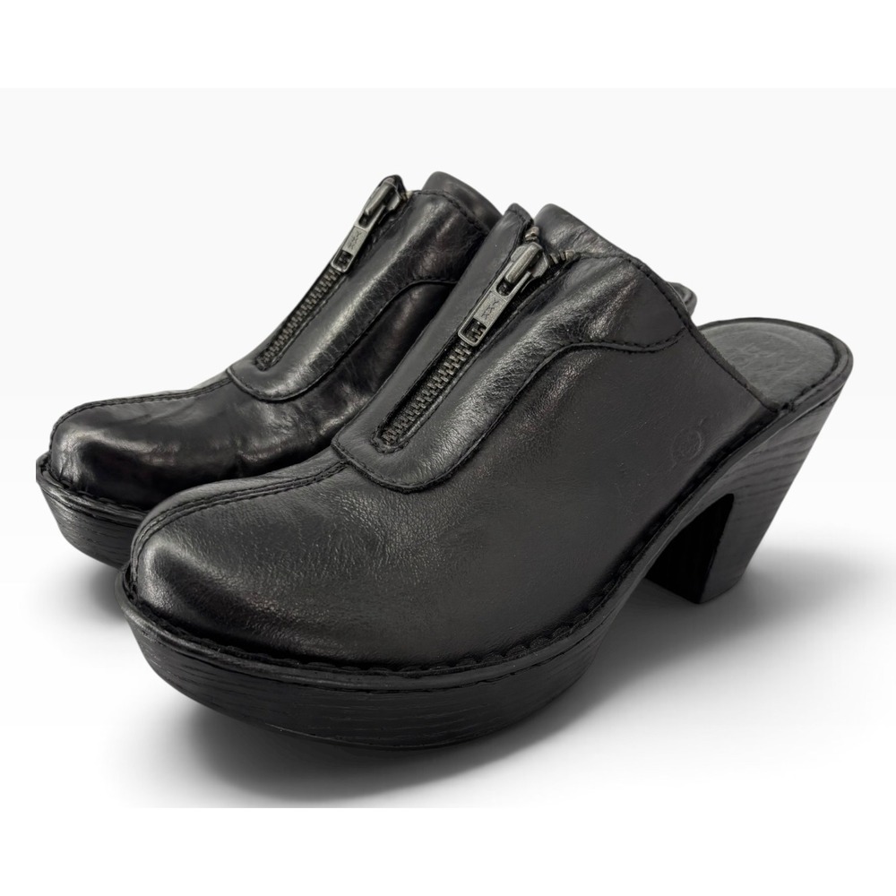 Born Haledon Clog Mule Womens 8 Black Leather Excellent Front Zip Platform Heel